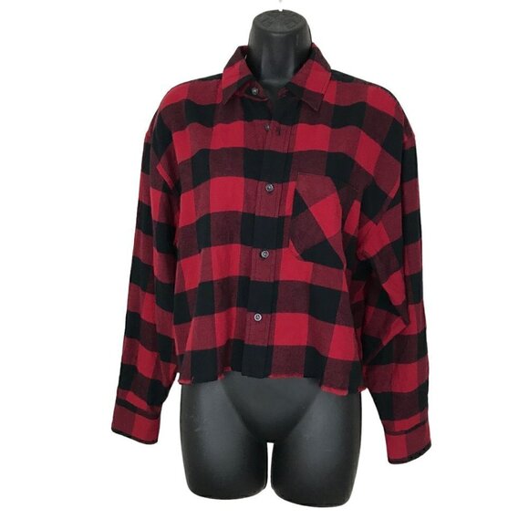 NWOT Aritzia TNA Banff Red Buffalo Plaid Cropped Button Down Shirt Size 1 - Picture 1 of 8